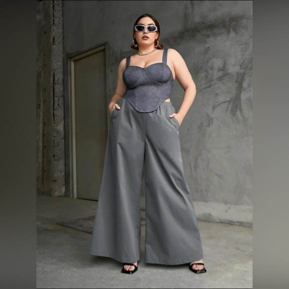 Gray Womens High Waisted Wide Leg Cargo Pants - Picture 1 of 3